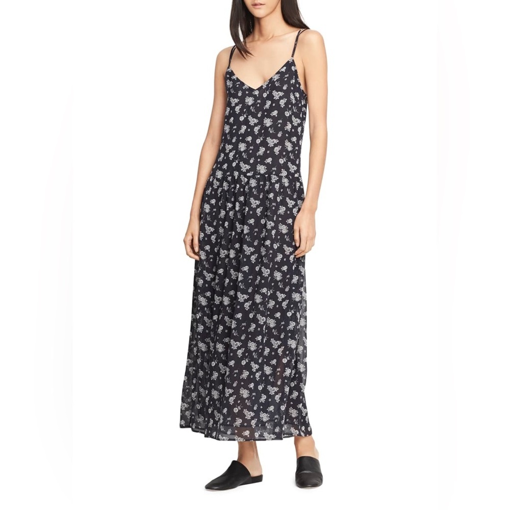 Vince Silk Calico Floral Shirred Waist Maxi Dress, Coastal Blue